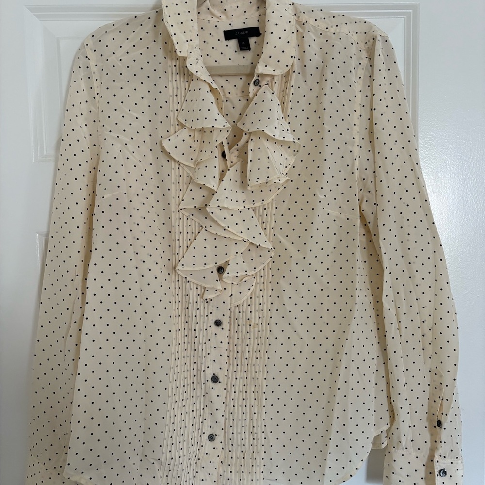 J. Crew 100% Silk Ivory Blouse with Black Dots